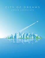 Skyscrapers of the metropolis panorama on the background of the endless blue sky without clouds. Water reflection. Airplane trail in the sky. Banner, wallpaper. Vector illustration