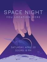 Space party poster. Advertisement of nightclub events. The human hand opens the night space. Greeting card design concept. Vector illustration