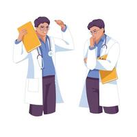 The male doctor is in two different poses. pondering and finding a solution. Vector flat illustration