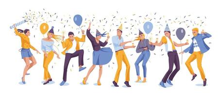 Party people celebrate their birthday. Different dancing funny characters isolated on white background. Vector flat