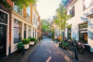 calle con antiguo casas en haarlem, Países Bajos foto