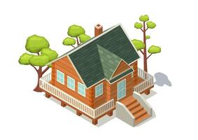 Isometric town wooden house with trees. vector