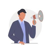 Man holding megaphone. Concept of announcing, promotion, advertisement, speech, marketing. Flat cartoon isolated vector illustration