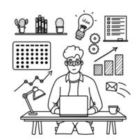 doodle illustration of freelance workers, working with laptops and items around them such as lamps, glasses, plants, books, flow charts vector