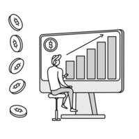 a man works while observing a chart graph on a big screen, capital market graphic chart, with income coins, doodle cartoon illustration. vector