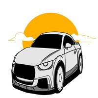 ilustración de un gris coche en un blanco antecedentes y un Dom con nubes vector