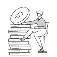 un mujer sentado en un alto silla participación un apilar de monedas, garabatear dibujos animados ilustración vector