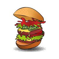 Isolated hand drawn burger with pixel art effect and bitmap style shadow vector