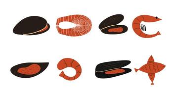 Seafood set with fish, mussel, salmon and shrimp. Vector illustration in hand draw style.