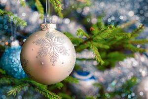 Christmas tree decoration bauble on decorated Christmas tree bac photo