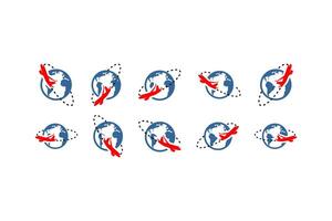 Set Vector Icons Airplanes Flying Over the World on White Background