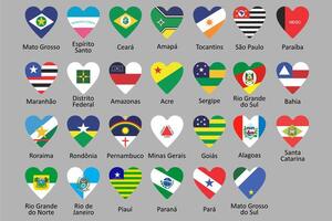 Vector sets of flags in heart shape with names of all states of Brazil