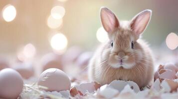ai generado Pascua de Resurrección conejo, huevos y cáscaras de huevo en bokeh antecedentes foto