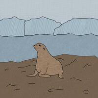 Hand drawn vector fur seal illustration. Cartoon outline animal of Antarctica on the beach near icebergs with textures