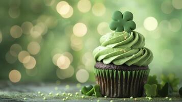 AI generated St. Patrick's Day Cupcake on Pastel Background. Sweet Celebration with Copy Space. photo