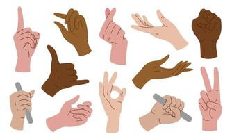 A set of illustrations with various gestures of hands. vector