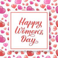 Happy Womens Day calligraphy lettering on background with realistic red and pink hearts. International womens day poster, banner or greeting card. Easy to edit template.Vector illustration. vector