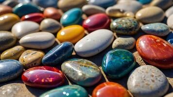 AI generated vividly shimmering arrangement of colorful stones photo