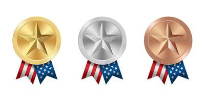 Golden silver and bronze award sport medal with USA ribbons and star vector