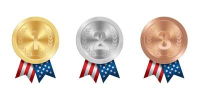 Golden silver and bronze award sport medal with USA ribbons and star vector