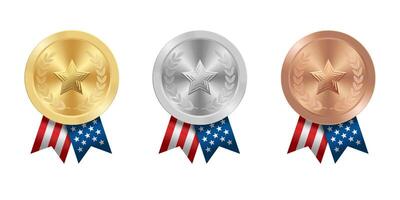 Golden silver and bronze award sport medal with USA ribbons and star vector