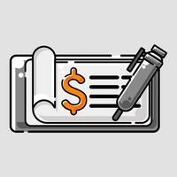 dibujos animados de un bolígrafo y un talonario de cheques con un dólar firmar vector