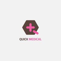 un hexágono médico logo y un más firmar ese se parece el letra q. vector