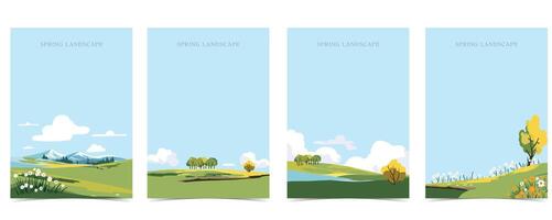 Spring landscape background with mountain and tree Editable vector illustration for postcard,a4 vertical size