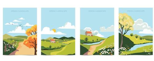 Spring landscape background with mountain and tree Editable vector illustration for postcard,a4 vertical size