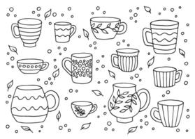 Hand drawn cup mug. Set of cups in doodle style. Vector illustration isolated on white background.