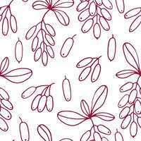 Seamless pattern with leaves and barberry berries. Hand drawn vector illustration in outline style.