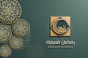 Ramadan Mubarak poster with a 3D paper-cut design featuring Islamic lanterns, mosque, mandala, and a crescent moon. Luxurious green color to create an elegant and festive atmosphere. vector