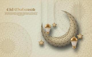 A poster eid mubarak with a crescent and islamic ornament on a background paper effect retro style . vector
