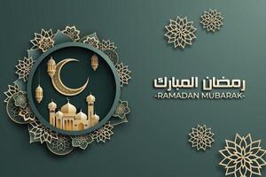 Ramadan Mubarak poster with a 3D paper-cut design featuring Islamic mosque, flower, and a crescent moon. Luxurious green color to create an elegant and festive atmosphere. vector