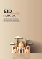 greeting card islamic eid al adha mosque paper cut style vector illustration