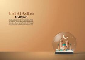 eid al adha mubarak greeting card with a mosque in a crystal ball 3d vector illustration