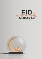 eid al adha mubarak greeting card with a mosque and crescent in a crystal ball 3d vector