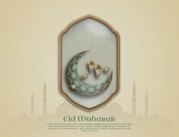 A poster for eid mubarak with a illustration glass frame, crescent, lantern and calligraphy on a mandala pattern beige background. vector