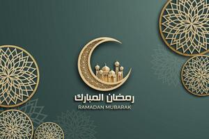 Ramadan Mubarak poster with a 3D paper-cut design featuring Islamic lanterns, mosque, mandala, and a crescent moon. Luxurious green color to create an elegant and festive atmosphere. vector