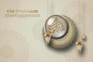 un póster para eid Mubarak con un ilustración medio vaso globo, creciente, linterna y caligrafía en un mandala modelo beige antecedentes. vector