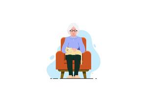 antiguo mujer relajante en sofá silla con gato en aislado fondo, vector ilustración.