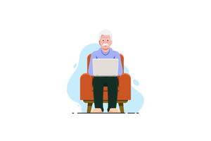 Old man relaxing on sofa chair with laptop on isolated background, Vector illustration.