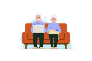 Old human couple relaxing on sofa chair with laptop, cat on isolated background, Vector illustration.