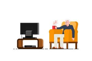 Old man sit relaxing on sofa chair with television on isolated background, Vector illustration.