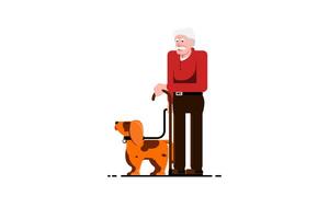 antiguo hombre en pie con perro en aislado fondo, vector ilustración.