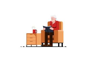 Elderly man sitting on sofa reading a book with side table on isolated background, Vector illustration.