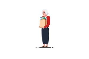 antiguo mujer en pie que lleva tienda de comestibles pantalones en aislado fondo, vector ilustración.