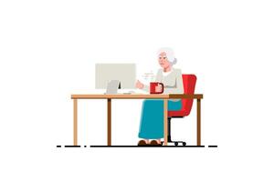 Old woman using computer on isolated background, Vector illustration.