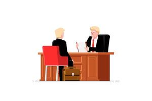 Man senior manager interviews with man applicant for employment in office room on isolated background, Vector illustration.