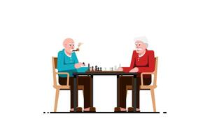 Old man sit relax playing chess on isolated background, Vector illustration.